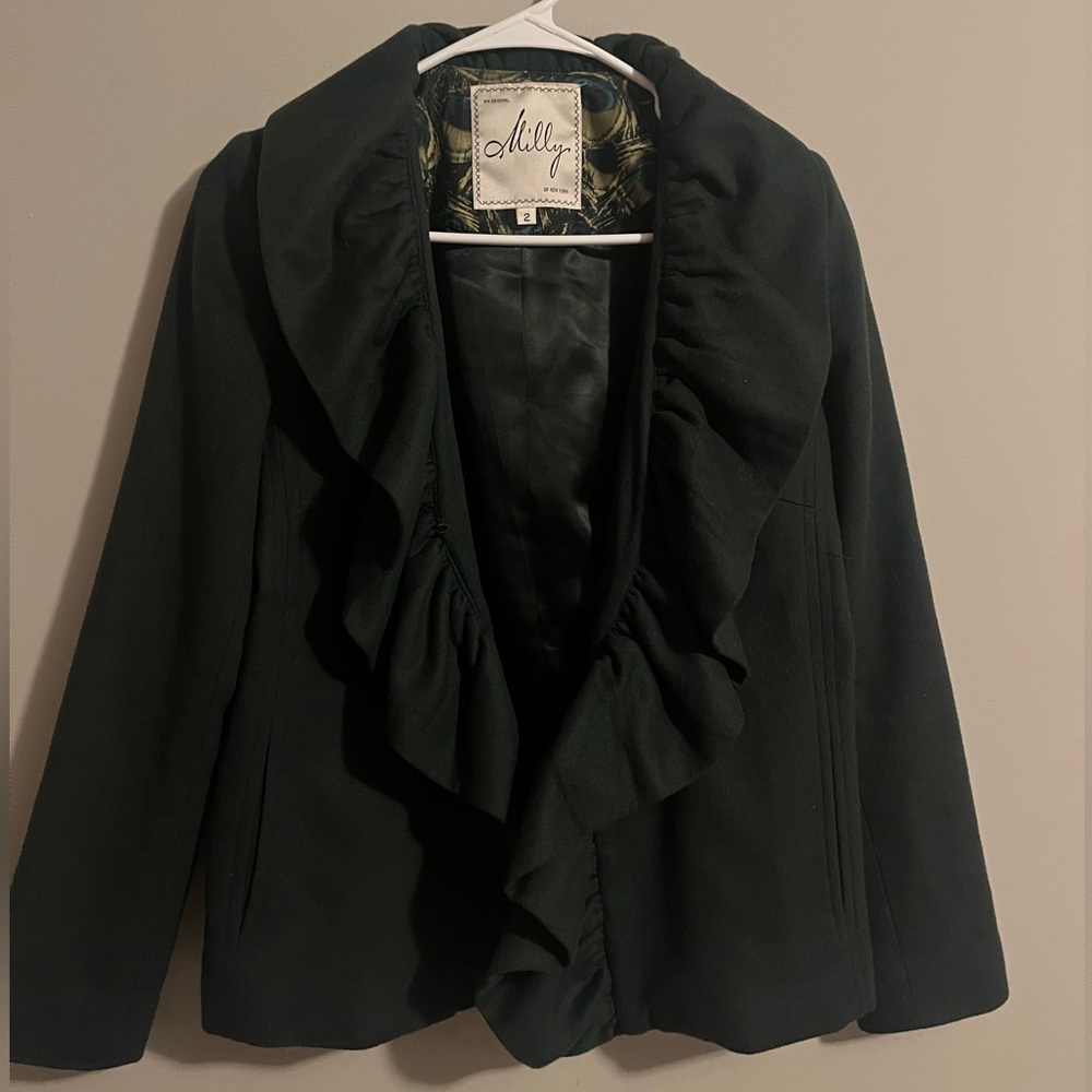 Milly Dark Green velvet Elegant Black Ruffle Blazer Size 2